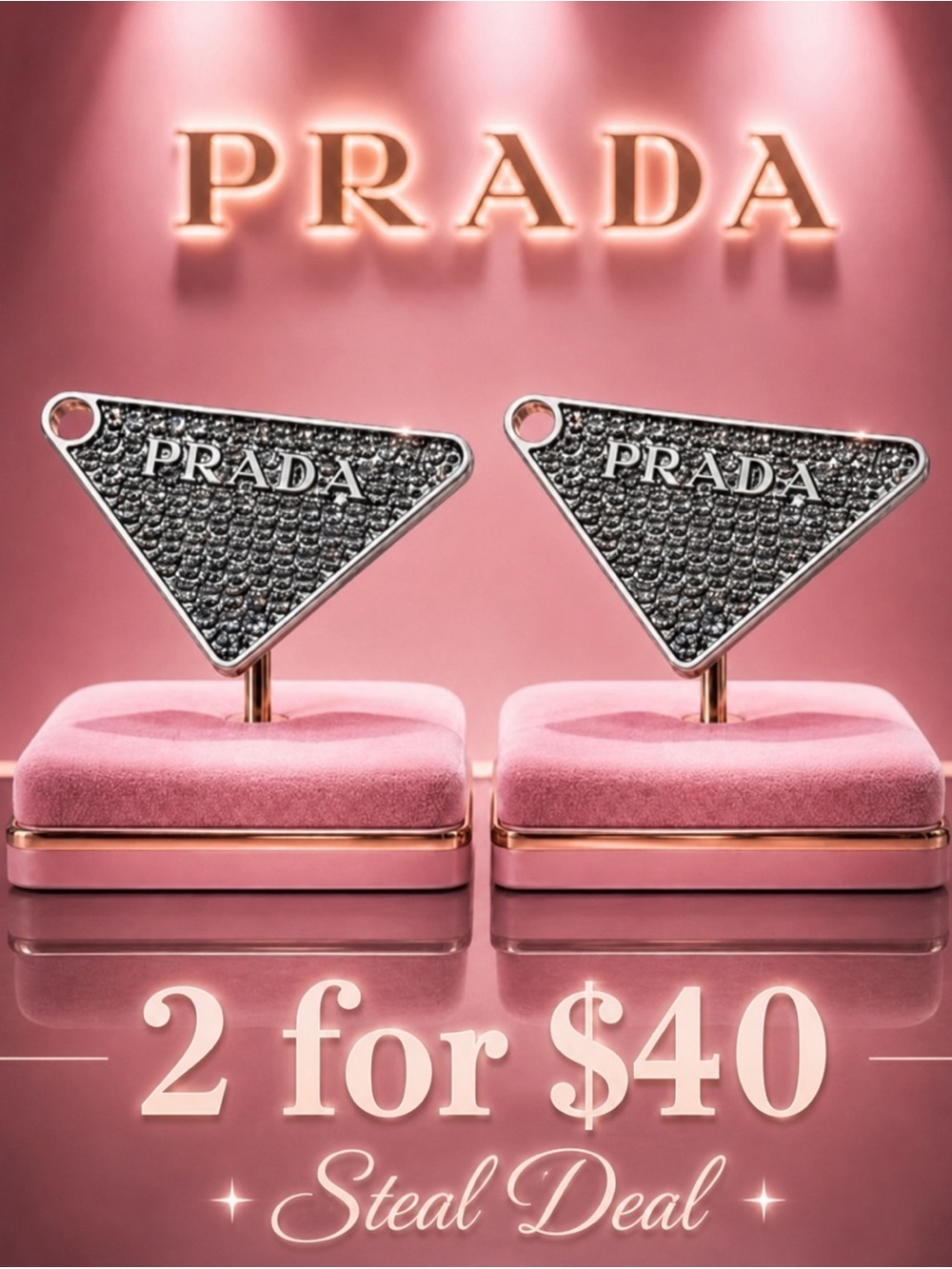 Prada stamped Silver and crystalTriangle Pendant/ charm/ zipper pull